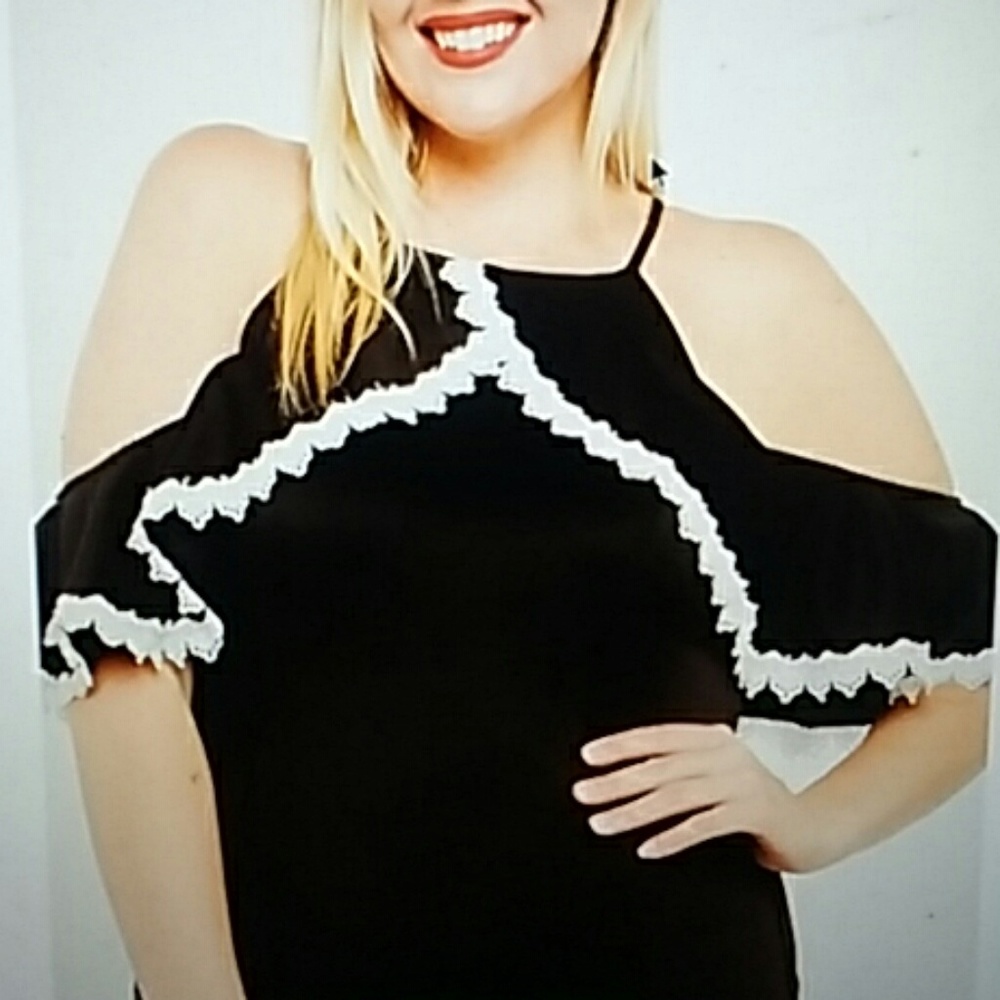 Black White Lace Cold Shoulder Halter Dress
